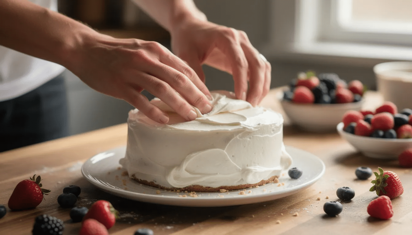 A pair of hands is carefully spreading white frosting on a small round cake, with an assortment of fresh berries placed nearby, perfect for a smash cake celebration. This delightful scene captures the essence of customizing a cake for special parties, inviting viewers to enjoy the delicious creation.