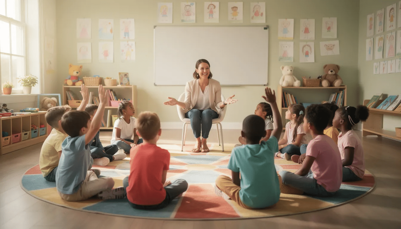 A teacher stands in the middle of a classroom leading a circle time activity with young students sitting on the floor, engaging in fun games that promote social interaction. The whole group participates enthusiastically, as the teacher explains the rules and encourages the kids to play together in a small circle.