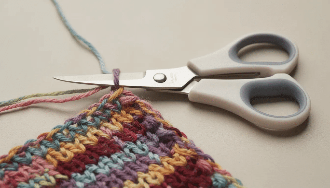 077a49c0-c8a1-456f-93e5-00b03ef7574a The image features a pair of compact, stainless steel scissors designed for crocheting, showcasing fine pointed tips for precision cuts. The comfortable finger holes highlight their ergonomic design, making them an essential crochet tool for yarn projects and a great gift for crocheters.