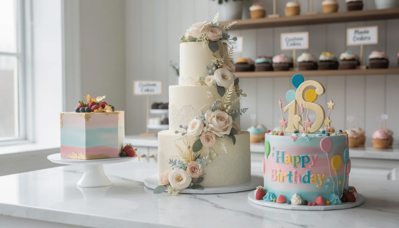 This image showcases a beautifully designed custom cake, perfect for a celebration in the Bay Area, featuring a variety of flavors and intricate decorations. The cake is displayed on a decorative stand, surrounded by coffee and dessert items, inviting viewers to imagine enjoying a sweet slice at a special event.