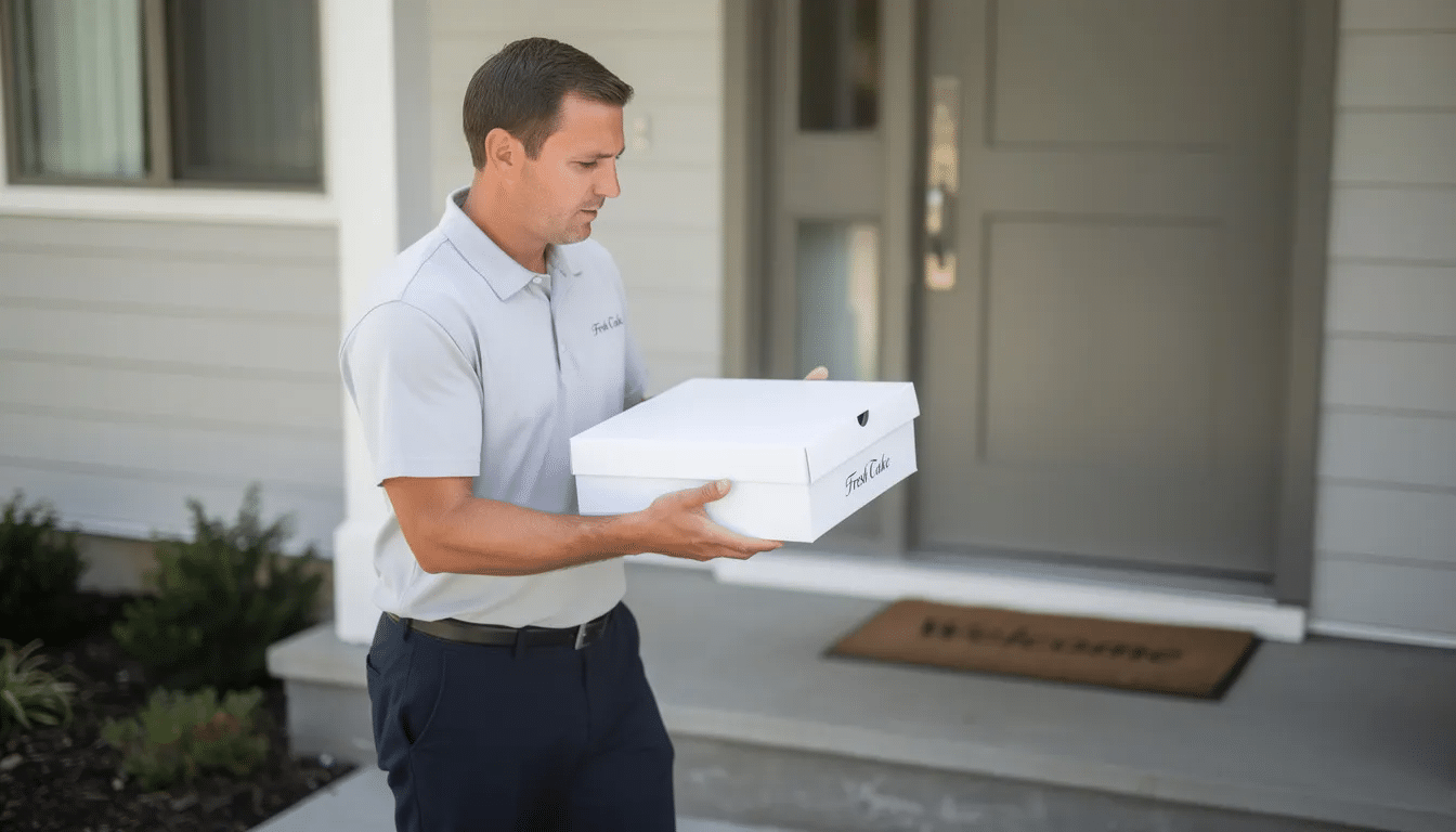 A delivery person in uniform is carefully carrying a white cake box outside a residential door, ready to bring delicious cakes for a special occasion. The scene captures the joy of celebrating with custom cakes, perfect for any event.