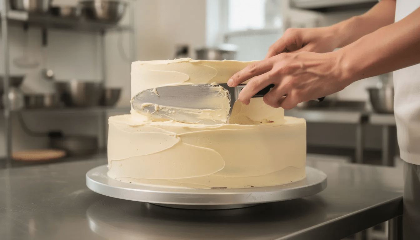 0d5b226b-36b7-46ef-8481-978d5327e9a5-1 A baker's hands are delicately smoothing buttercream frosting on a beautifully crafted two-tier cake in a professional kitchen, showcasing the artistry and attention to detail that goes into creating custom cakes for special occasions. The scene highlights the use of high-quality ingredients, emphasizing the delicious flavors and elegant design that make each cake a memorable centerpiece for celebrations.