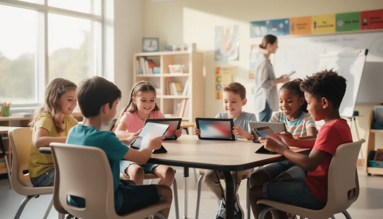 In a bright classroom, a group of children are gathered around tablets, engaged in game-based learning activities that promote collaboration and critical thinking. The vibrant setting encourages student engagement as they immerse themselves in educational games, enhancing their learning experience while having fun.