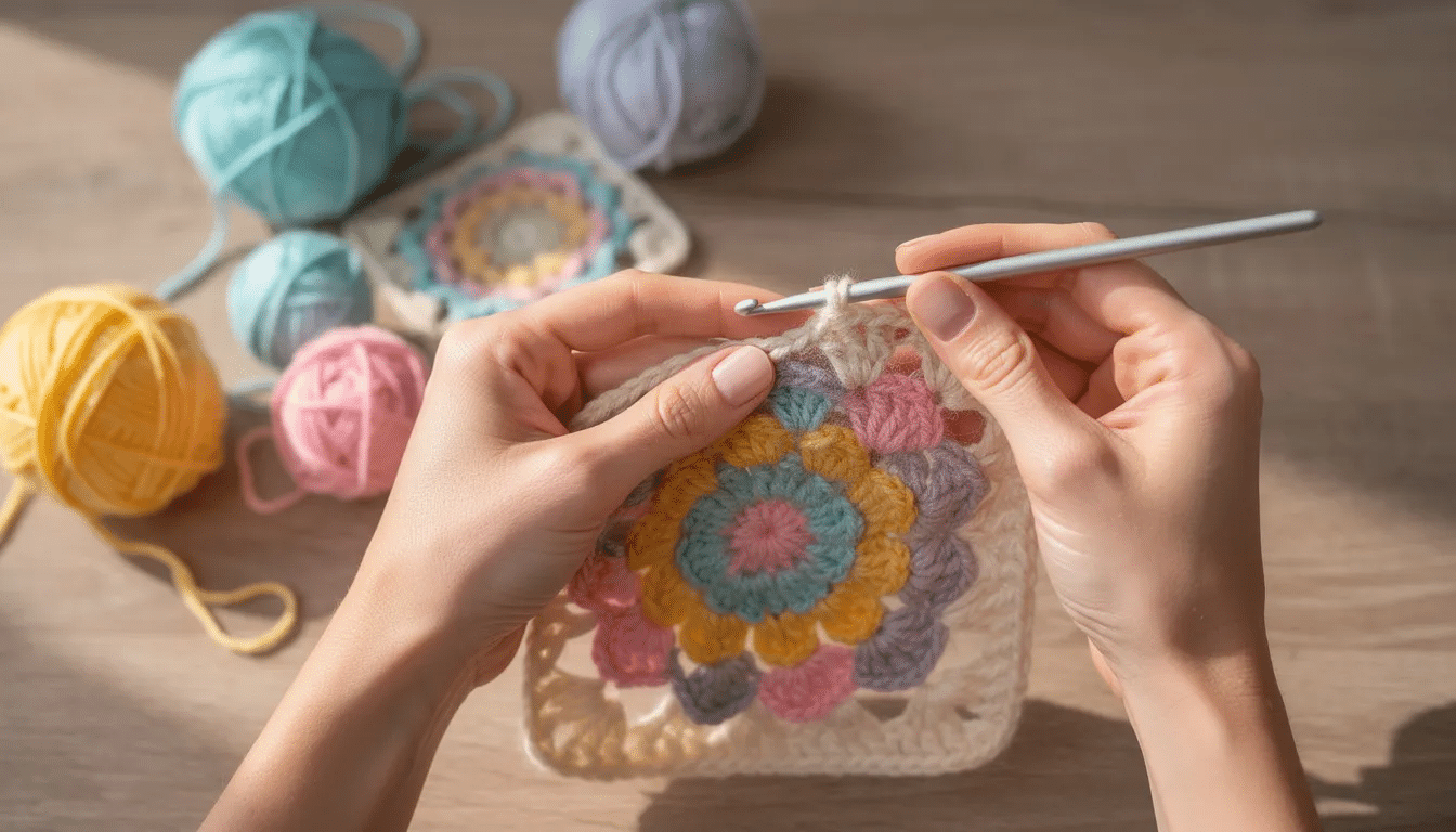 0e2206b6-30c2-40d6-ab93-b075773c1fbb A pair of hands is skillfully holding a crochet hook, working on a vibrant flower motif with colorful yarn nearby, showcasing the creative process of crocheting. This image captures the essence of crafting beautiful projects, perfect for inspiration in crochet books and patterns.