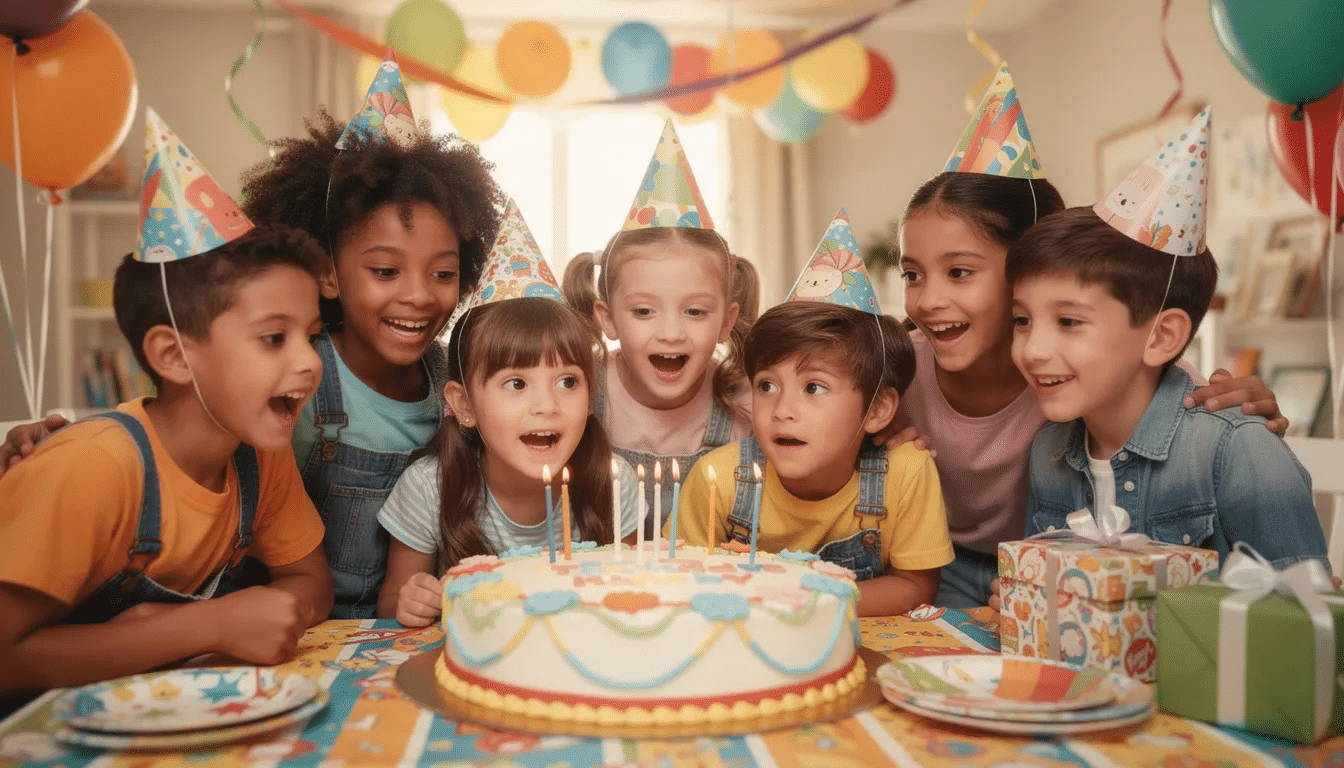 0f36b588-e776-413e-bcaf-0f64a9ce2480 A group of young kids gathers excitedly around a colorful birthday cake at an indoor party venue, surrounded by festive decorations and a soft play area. The atmosphere is filled with joy as families celebrate, creating a perfect setting for imaginative play and fun.
