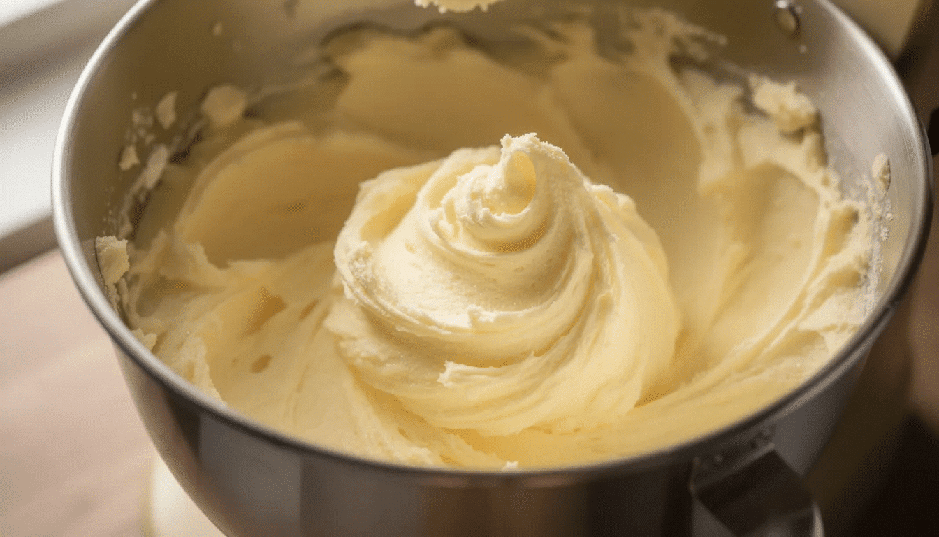 106c048e-be45-4f15-a143-d58d74bbbaa9 The image shows a stand mixer bowl filled with a pale and fluffy butter and sugar mixture, indicating the creaming method used in baking. This step is essential for creating a tender cake batter, often used in popular recipes like the best vanilla cake or layer cake.