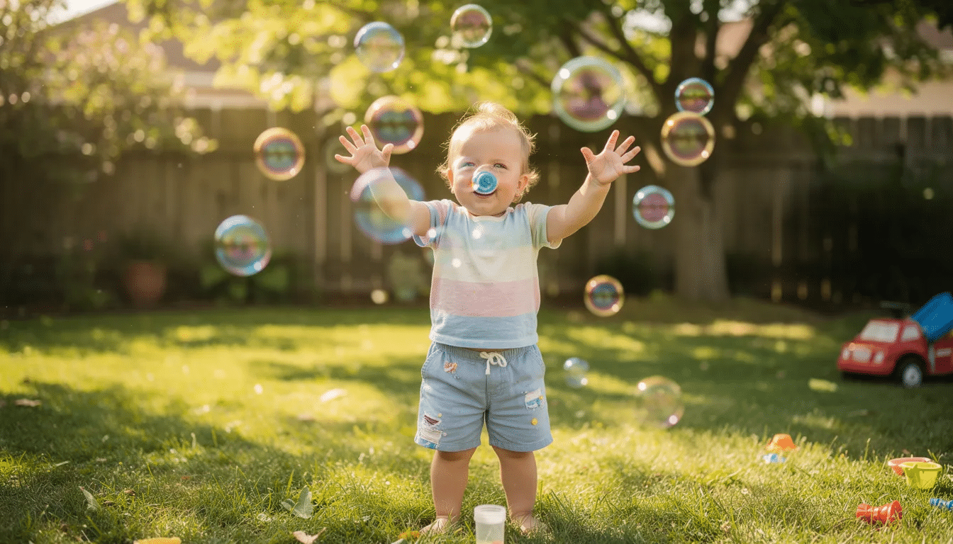 A joyful toddler is reaching up to pop colorful bubbles floating in a sunny backyard, engaging in fun outdoor activities that enhance their gross motor skills and hand-eye coordination. This delightful scene captures the essence of outdoor play and the sensory experience of chasing bubbles on a warm day.