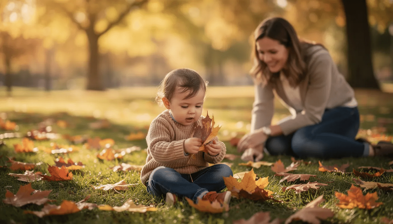A small child sits on the grass, exploring the textures of fallen autumn leaves, while a parent watches nearby, creating a delightful outdoor experience that encourages sensory play and gross motor skills. This fun activity allows the child to engage with the natural world and enjoy fresh air in their own backyard.