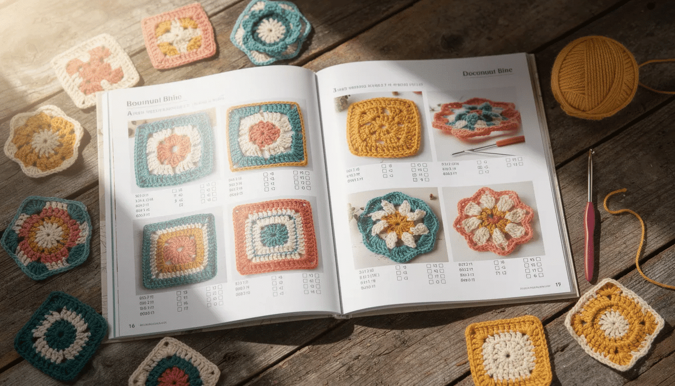 13794bcc-ef9e-4bfb-932f-fd65b7ccc7a4 An open crochet pattern book rests on a wooden table, showcasing a vibrant collection of square and circular motifs, including flowers and geometric designs. The pages feature step-by-step instructions and charts, providing inspiration for crocheters of all skill levels to create beautiful projects for their homes.