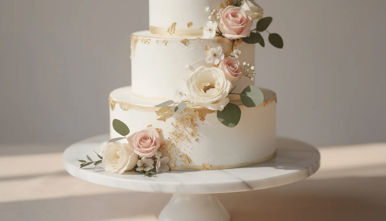 An elegant three-tier white cake adorned with fresh flowers and gold accents rests on a marble display stand, perfect for special occasions and celebrations. This premium cake, crafted with the finest ingredients, is sure to delight your taste buds and satisfy any sweet tooth.