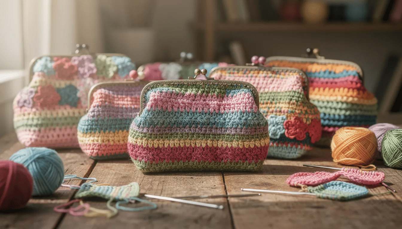 A variety of colorful handmade crochet purses are elegantly arranged on a rustic wooden table, accompanied by skeins of yarn and crochet hooks. The scene invites viewers to discover the vibrant world of crochet bags and the creativity involved in crafting unique patterns.