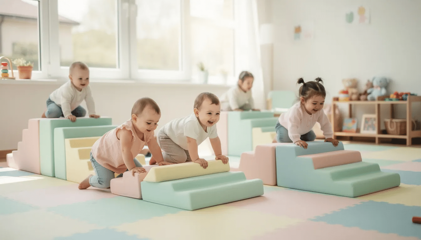 A vibrant play space filled with low soft foam climbing blocks in pastel colors, where toddlers are joyfully exploring and playing on padded floor mats. This indoor soft play equipment fosters imaginative play and provides a safe environment for little ones to learn and have fun.