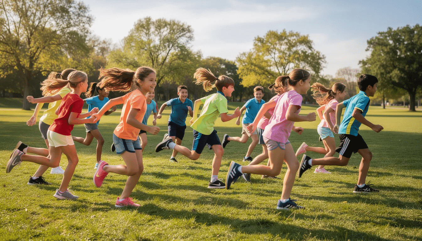 A group of active children is running together in a circular formation outdoors, engaging in a fun game that encourages social interaction and teamwork. They are smiling and laughing as they move around the circle, showcasing their energy and excitement during this playful activity.