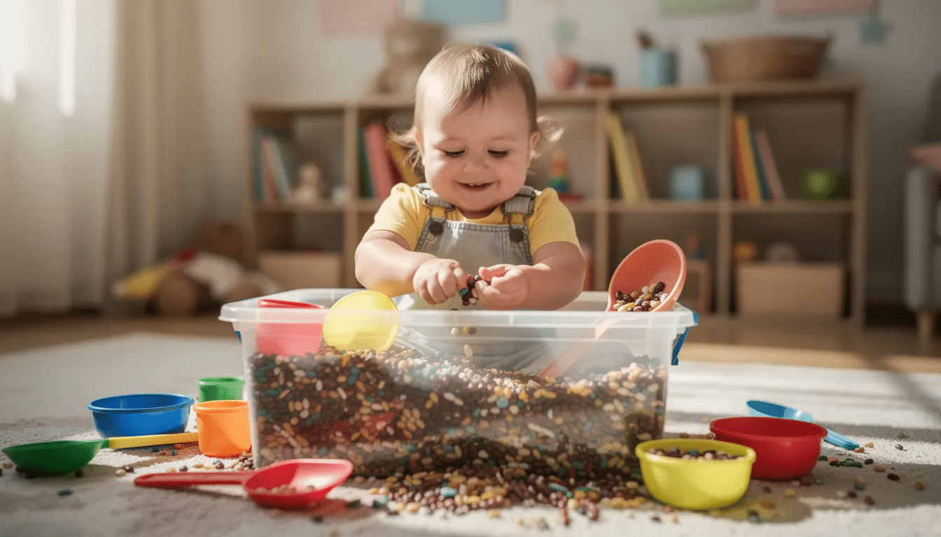 1b45392b-16c1-447b-b483-49488db4c449 A joyful toddler is exploring a vibrant sensory bin filled with dried beans and colorful scoops, engaging in hands-on play at an indoor playground. This exciting activity encourages imagination and discovery, making it a perfect place for kids to enjoy nonstop fun.
