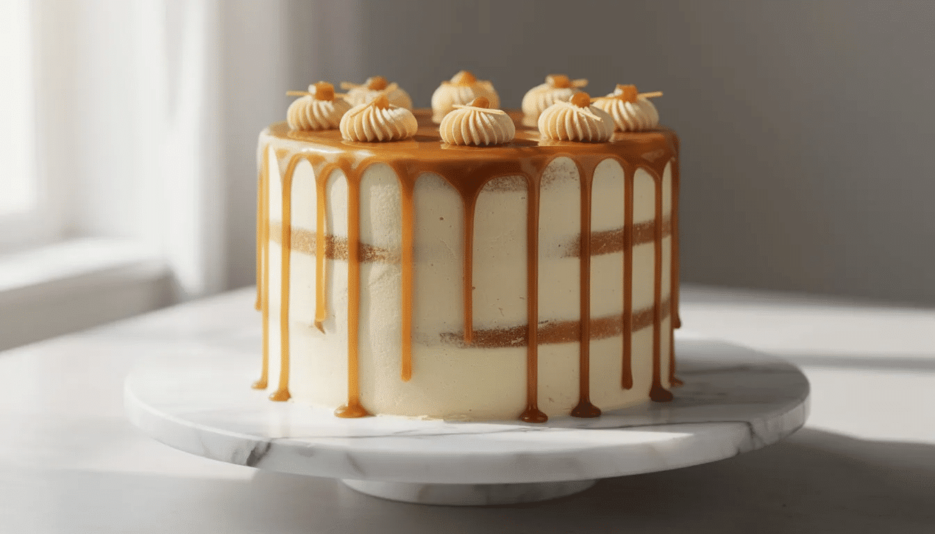 An elegant three-layer birthday cake sits atop a marble cake stand, featuring smooth buttercream frosting and a delightful caramel drip decoration. The cake layers promise a moist and delicious experience, perfect for celebrating special occasions.