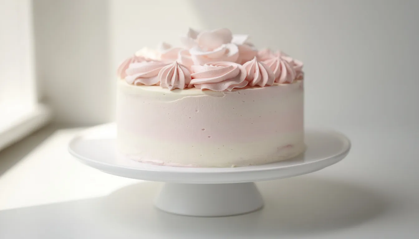 A small round smash cake adorned with pastel frosting and delicate buttercream rosettes rests on a simple white cake stand, making it a perfect centerpiece for birthday parties. This delicious cake can be ordered from your local bakery or online for special celebrations.