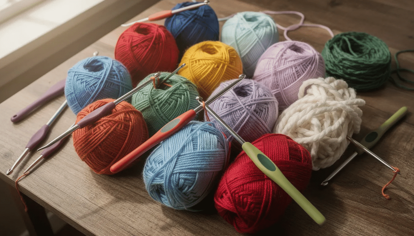 2417595c-3247-4787-a06a-75b56c234ddc The image features an assortment of colorful yarn balls in various weights, neatly arranged alongside different crochet hooks, including Clover Amour and Tulip Etimo hooks, on a craft table. This vibrant setup is perfect for crocheting amigurumi, showcasing a variety of hook sizes and materials, such as wood and aluminum, ideal for achieving tight amigurumi stitches.