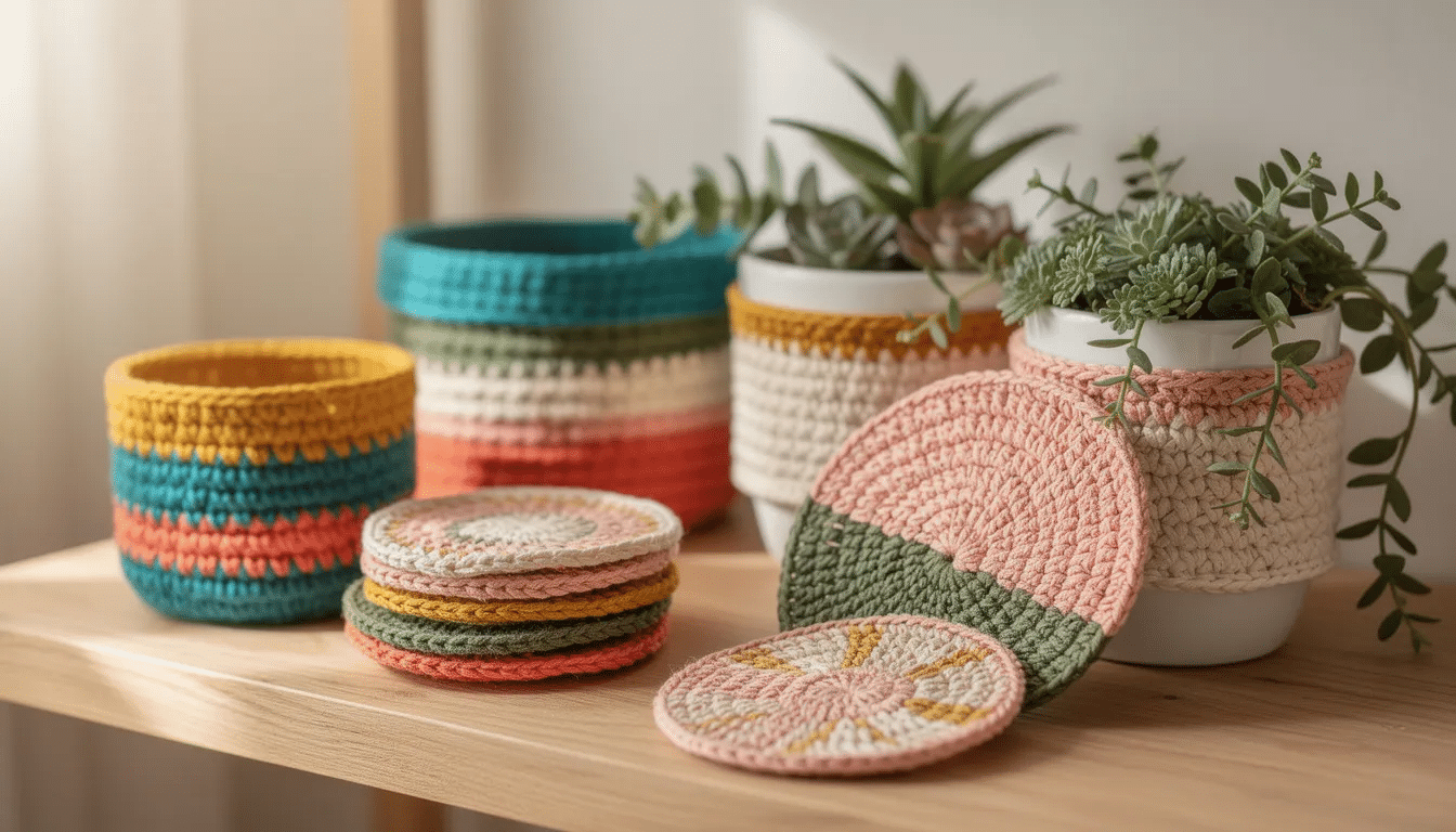 2598dc56-cb93-4df4-bd64-2a7693ff3a6f A vibrant collection of crocheted baskets, coasters, and plant pot covers is neatly arranged on a wooden shelf, showcasing various colors and textures. These easy crochet gift ideas make for great handmade gifts, perfect for any occasion or as last-minute gifts for crafty friends.