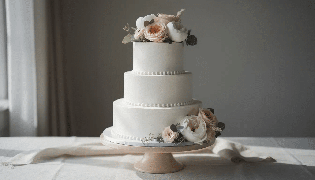 An elegant three-tier wedding cake is beautifully decorated with smooth white buttercream and adorned with fresh flowers on top, creating a stunning centerpiece for any celebration. This cake, perfect for weddings in the Seattle area, showcases layers of creamy flavors that delight the senses.