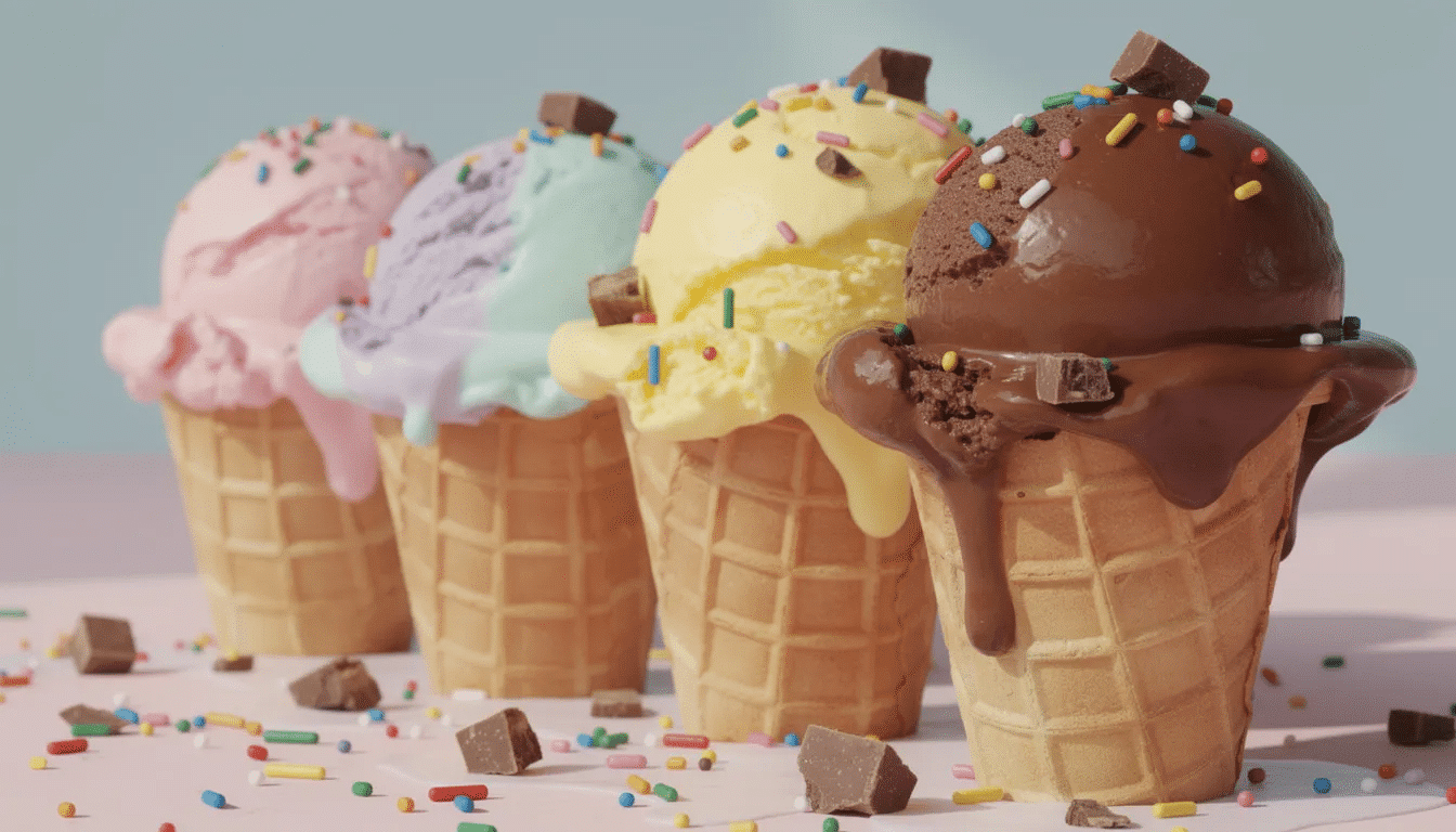 The image features vibrant scoops of ice cream in waffle cones, topped with colorful sprinkles and chunks of chocolate, showcasing a variety of delicious flavors. This delightful dessert is perfect for celebrating special occasions or enjoying a treat from your local creamery.