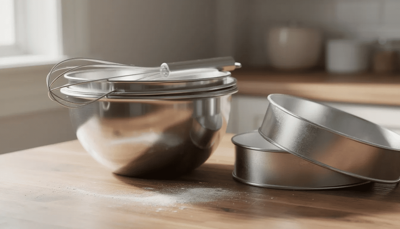 A wooden countertop is adorned with stainless steel mixing bowls, a whisk, and round cake pans, all essential tools for creating a delicious vanilla cake recipe. The setup suggests preparation for mixing cake batter, highlighting the importance of using quality ingredients like unsalted butter and cake flour.