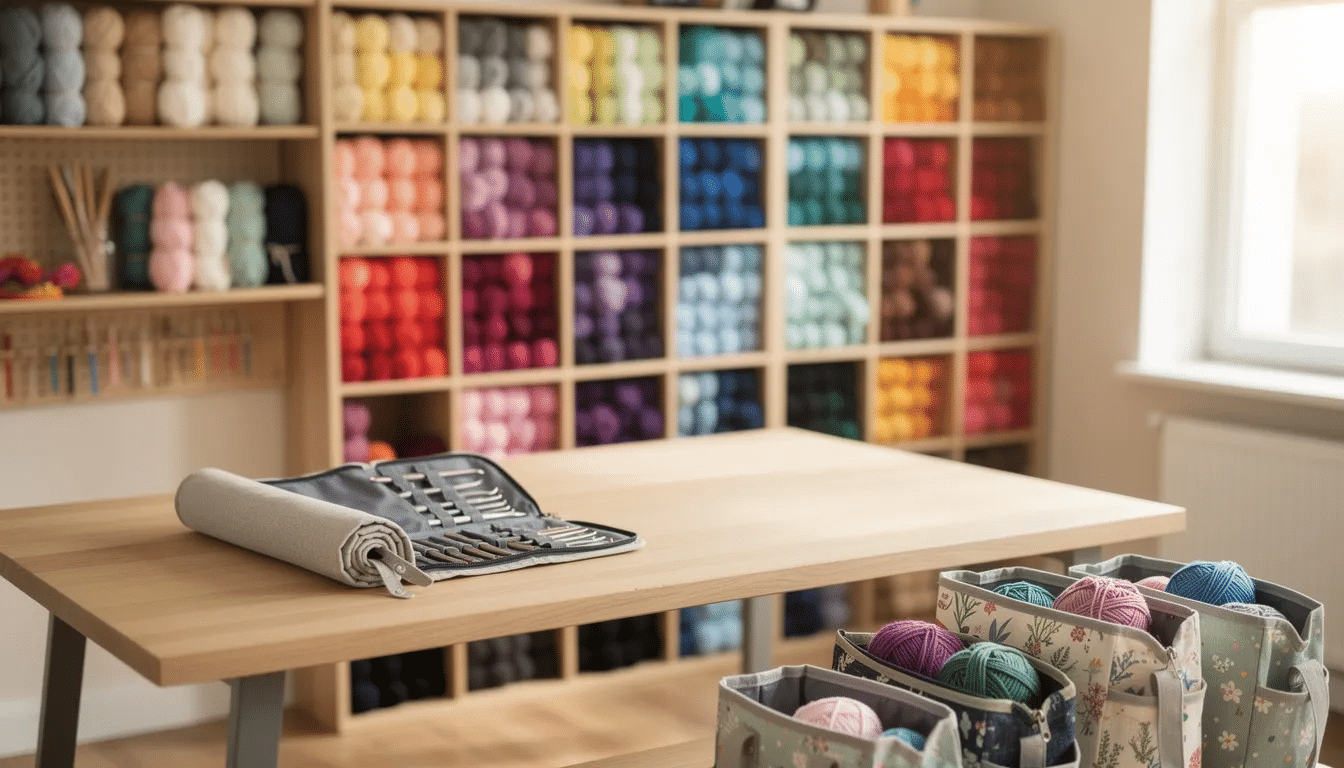 2c738fe2-b77e-4e8b-b5aa-5dbbb9328ab7 The image showcases an organized craft space filled with neatly arranged yarn storage shelves, a roll of crochet hooks, and various project bags, creating an inviting environment for crocheters. Essential crochet tools and supplies, including stitch markers and scissors, are also visible, enhancing the overall crafting experience.