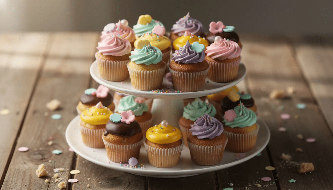 2feb0414-1f19-4167-89e3-a971668a4c5f A tiered display stand showcases an assortment of cupcakes, each topped with vibrant, colorful frosting in various designs. The delightful arrangement adds a festive touch, perfect for a birthday celebration.
