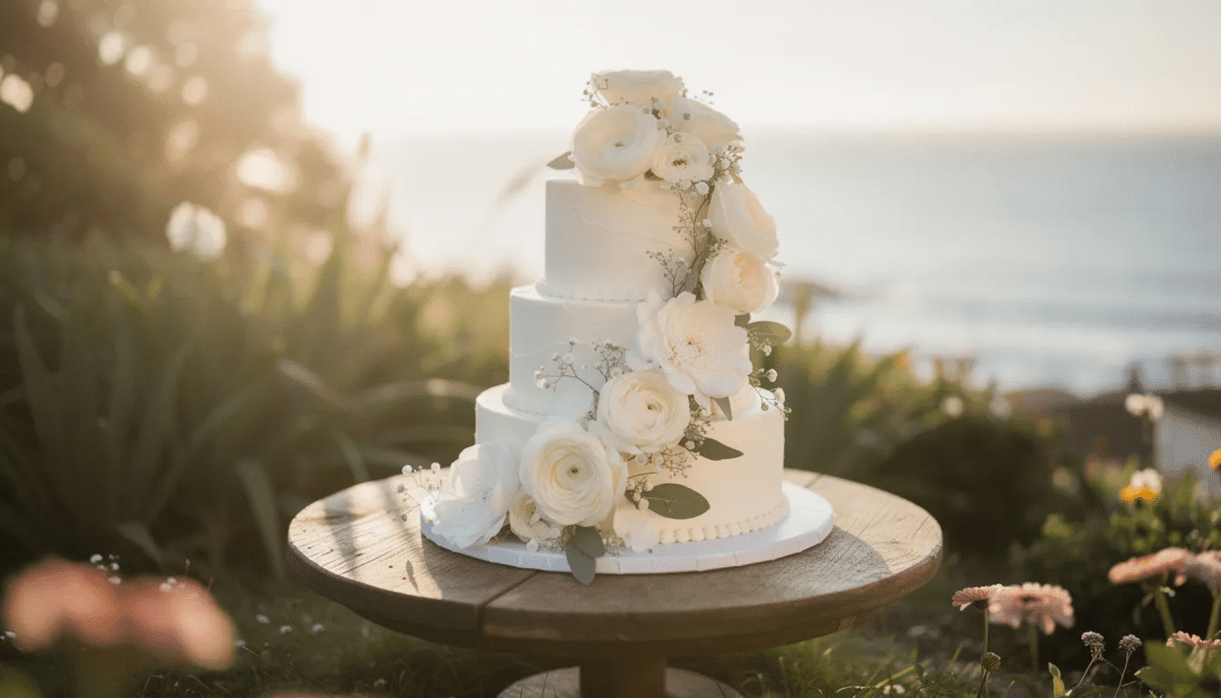 An elegant three-tiered white wedding cake, adorned with delicate decorations, is beautifully displayed on a wooden stand in a coastal garden setting, illuminated by soft natural lighting. This visually stunning cake, crafted with the finest ingredients, is perfect for a special occasion like a wedding day in San Diego, CA.