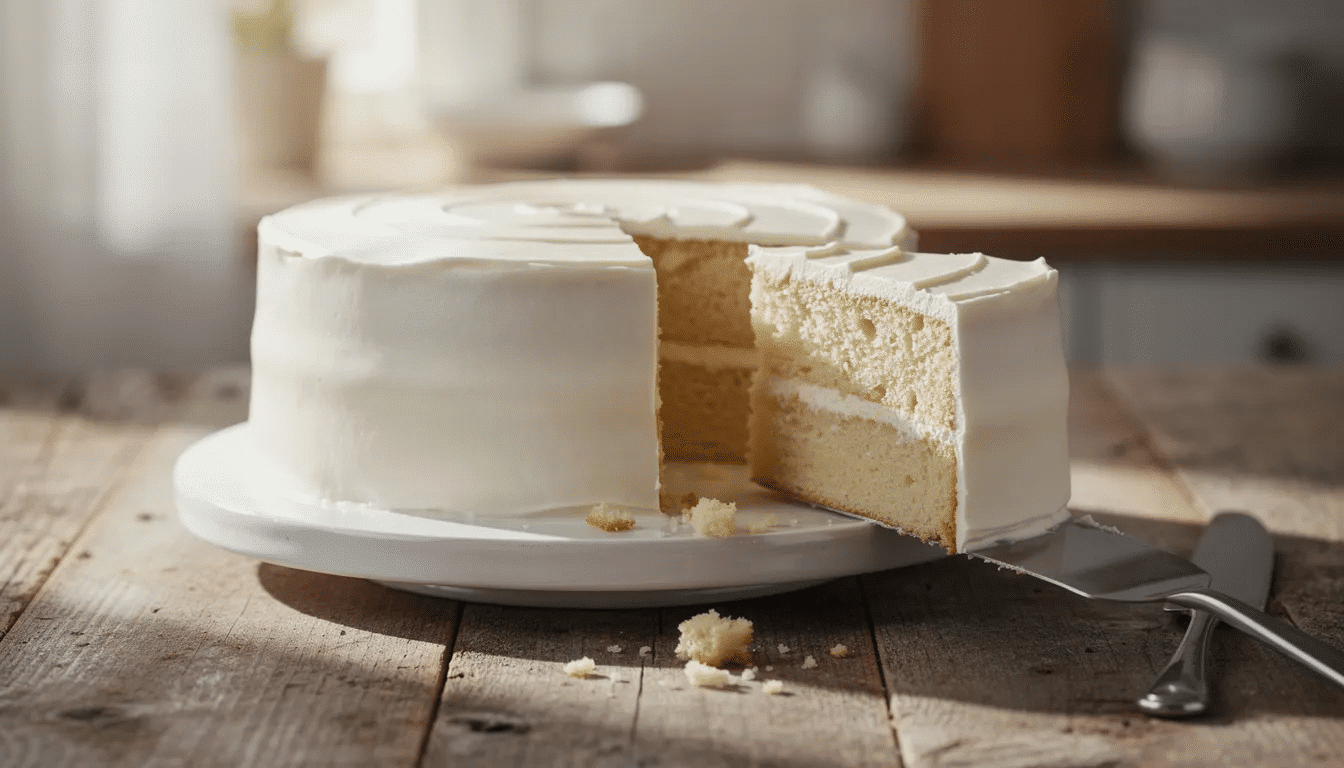 33868d4f-035b-43a7-847f-3001511818ec A freshly baked two-layer vanilla cake sits elegantly on a rustic wooden table, adorned with smooth white buttercream frosting. The cake features a fluffy texture, perfect for any celebration, and is made using a best vanilla cake recipe that includes high-quality vanilla and cake flour.