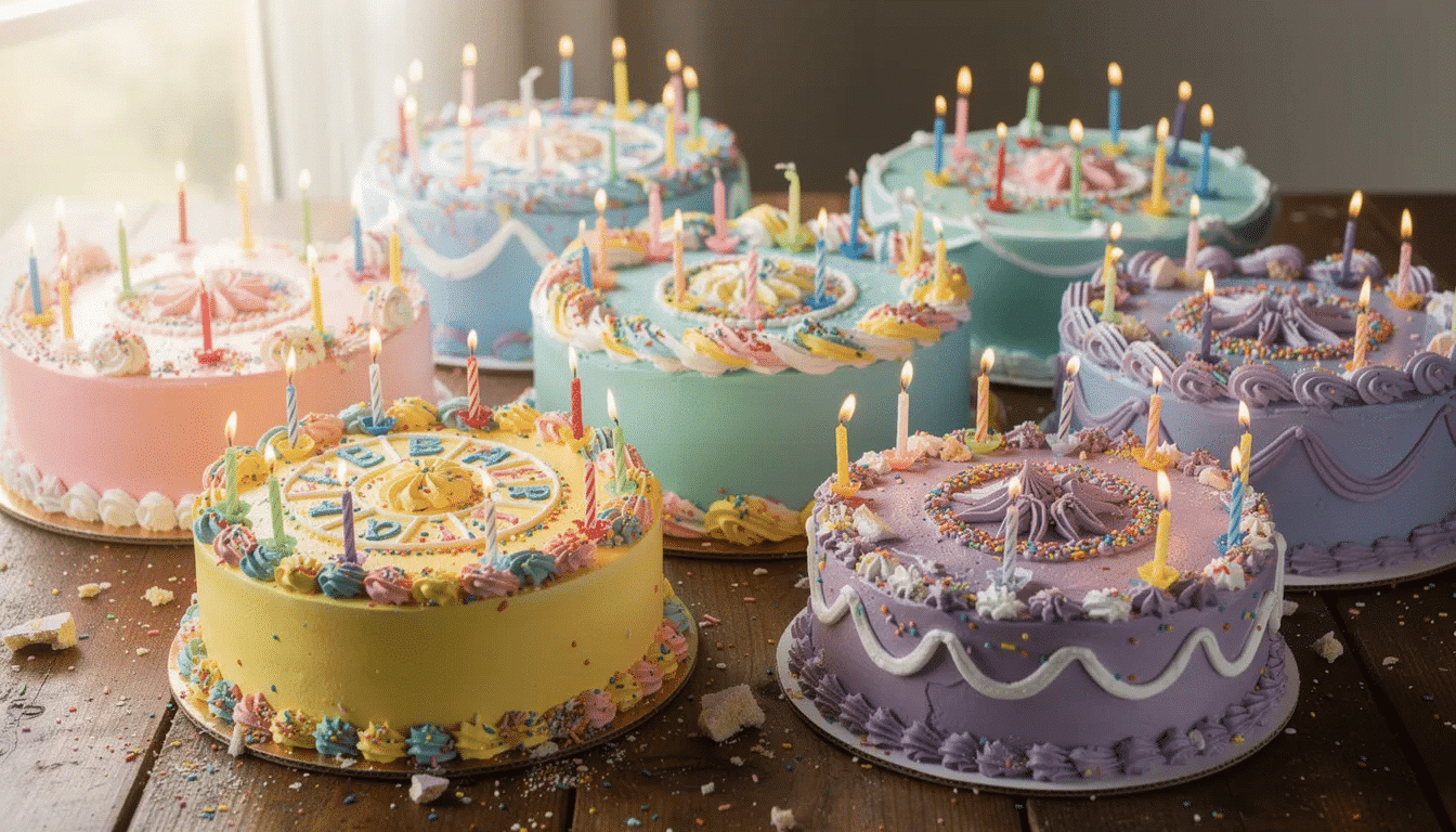 A vibrant assortment of beautifully decorated birthday cakes, adorned with colorful sprinkles and topped with candles, is displayed on a rustic wooden table. Each cake features unique designs, showcasing the joy of celebration.