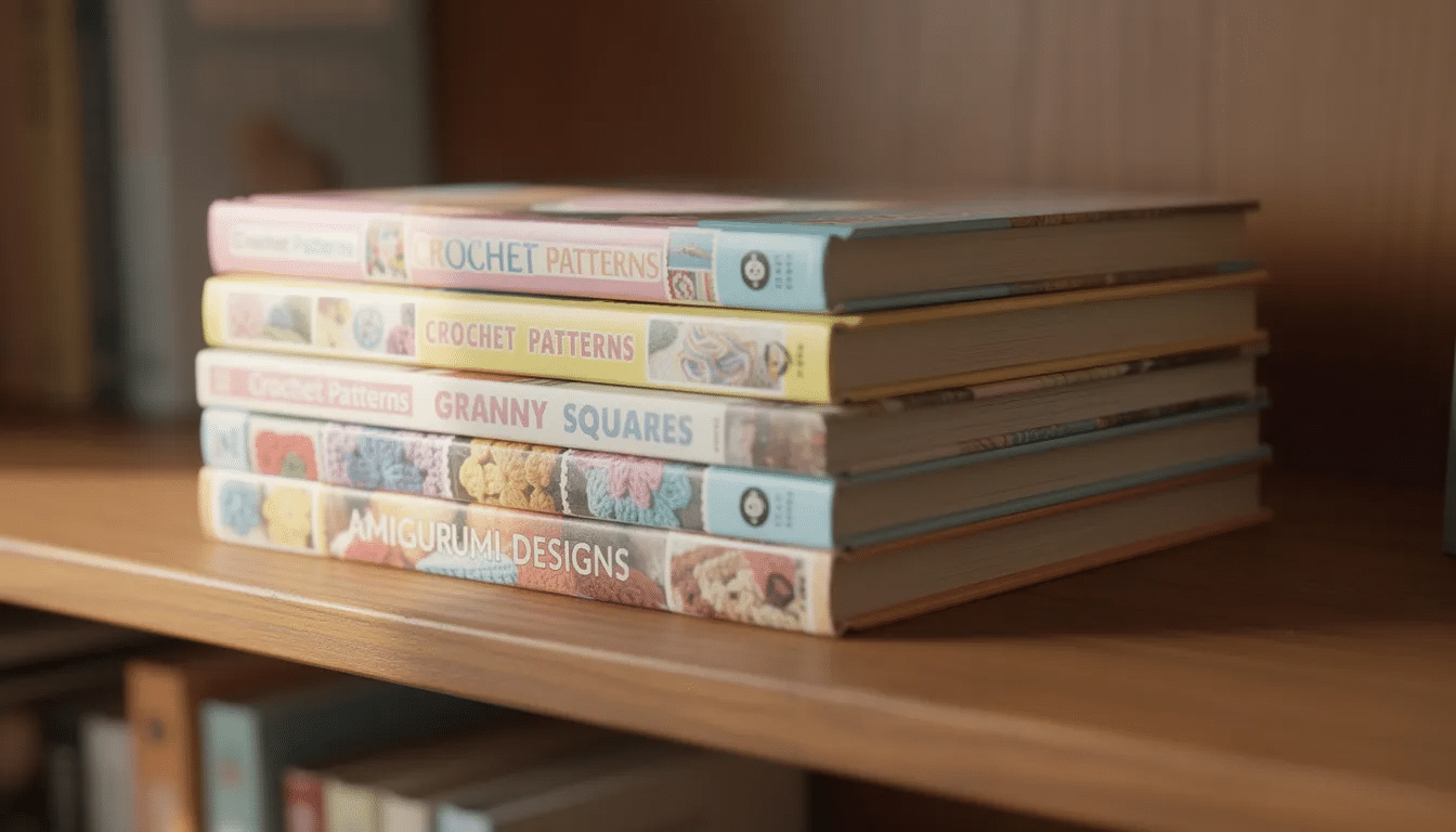 3a1d097a-70d7-445b-a826-911597ae0b97 A vibrant stack of crochet pattern books is neatly arranged on a wooden bookshelf, showcasing a collection of colorful covers that feature various crochet motifs, including flowers and animals. Each book contains written instructions and step-by-step guides for beginners to create beautiful projects like wall hangings and bunting, providing inspiration for crocheters at home.