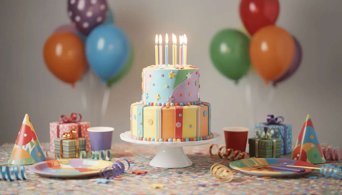 3c812509-1151-4445-9258-f34c3df1784f A vibrant three-tiered birthday cake, adorned with lit candles, sits on a beautifully decorated party table surrounded by colorful balloons in the background. The cake features intricate designs, making it a delightful centerpiece for the celebration.