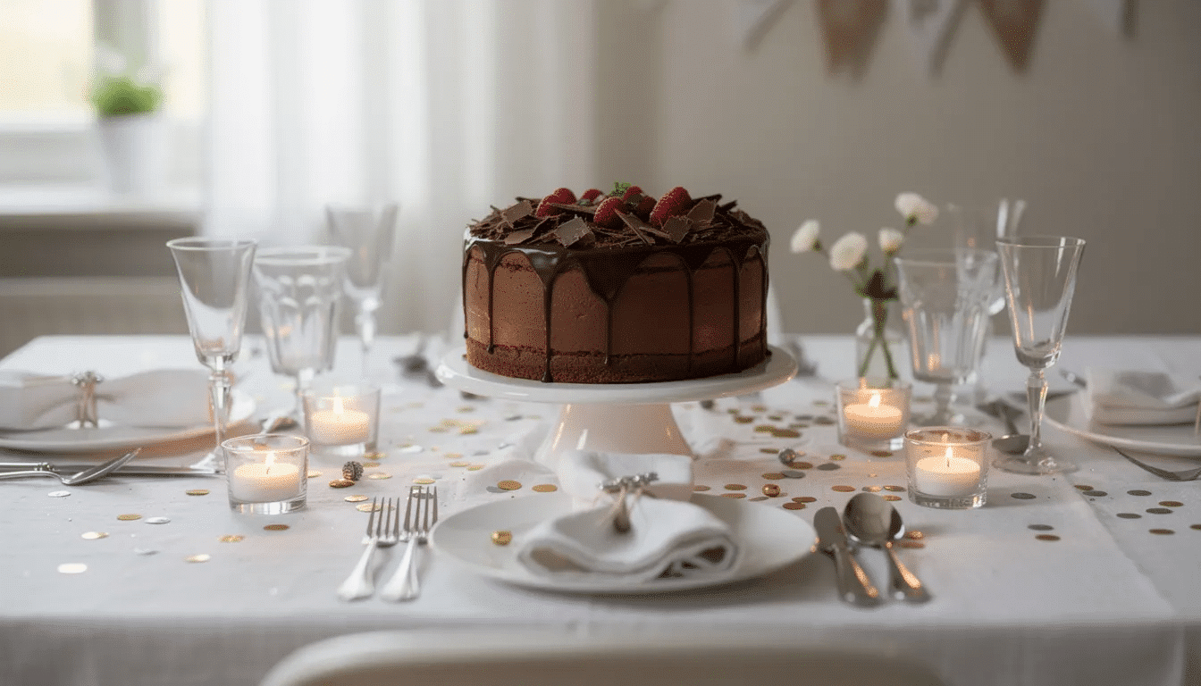 3c8866cd-7b1c-4629-a131-197788346fa2 A beautifully decorated celebration table features a rich chocolate mousse cake as the centerpiece, showcasing its moist chocolate layers and creamy texture. Surrounding the cake are festive decorations, creating an inviting atmosphere perfect for any special occasion.