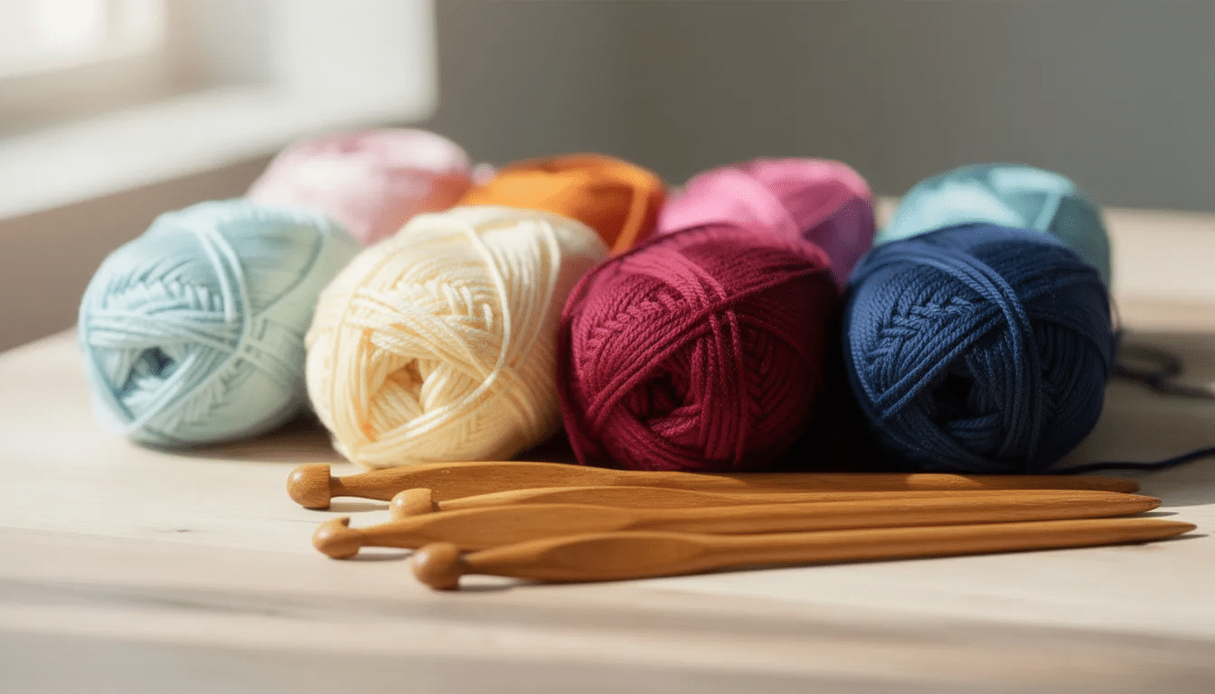 A vibrant assortment of cotton yarn skeins in various colors is neatly arranged beside wooden crochet hooks, inviting beginners to discover the world of crochet and create beautiful bags or purses. The colorful display showcases the potential for crafting unique patterns and projects like blankets or crochet bags.