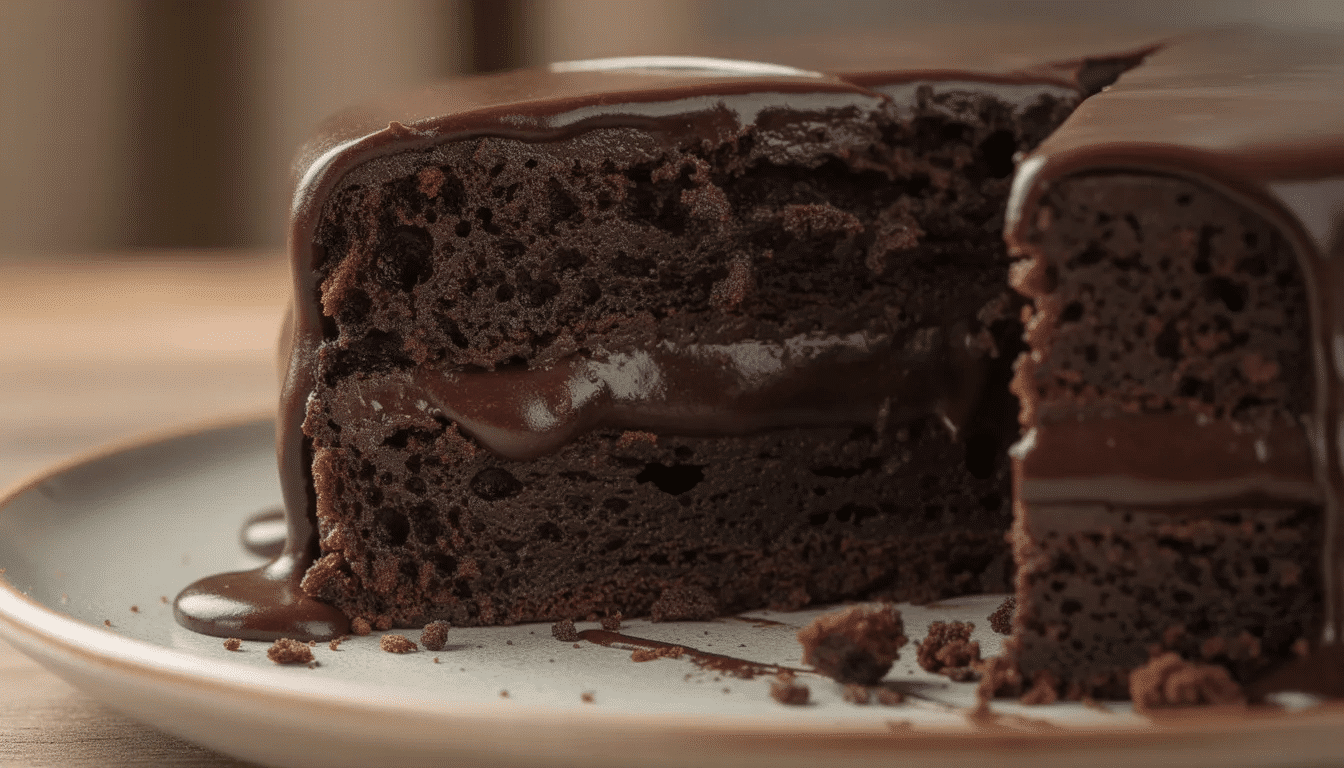 A close-up cross-section of a decadent chocolate cake reveals three moist layers of rich dark chocolate, separated by luscious chocolate ganache filling. The inviting layers showcase a beautifully styled dessert, perfect for celebrations and special occasions.