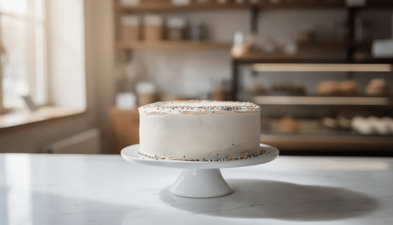 A simple round cake frosted in white and adorned with colorful sprinkles is showcased on a bakery counter, perfect for celebrations or as a delightful smash cake for parties. This delicious treat can be ordered from your local bakery or viewed on their website.