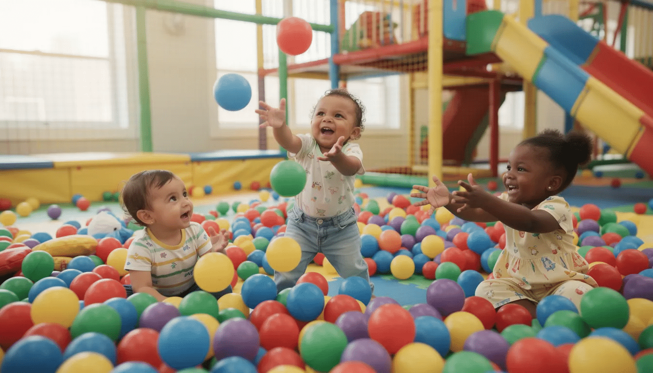 415c144a-c52a-4dbe-9705-8b68f05abe3a A vibrant indoor playground features toddlers joyfully playing in a colorful ball pit, surrounded by soft play structures that encourage imaginative play. This engaging play area offers a fun and safe environment for young kids to explore and enjoy free play.