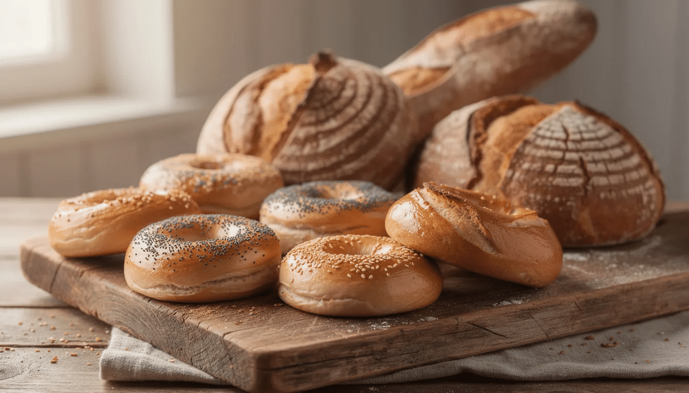A rustic wooden board displays an assortment of freshly baked bagels and artisan bread loaves, showcasing the delicious baked goods available at the bakery. The warm colors and textures invite you to explore the shop's offerings for your next occasion or event.