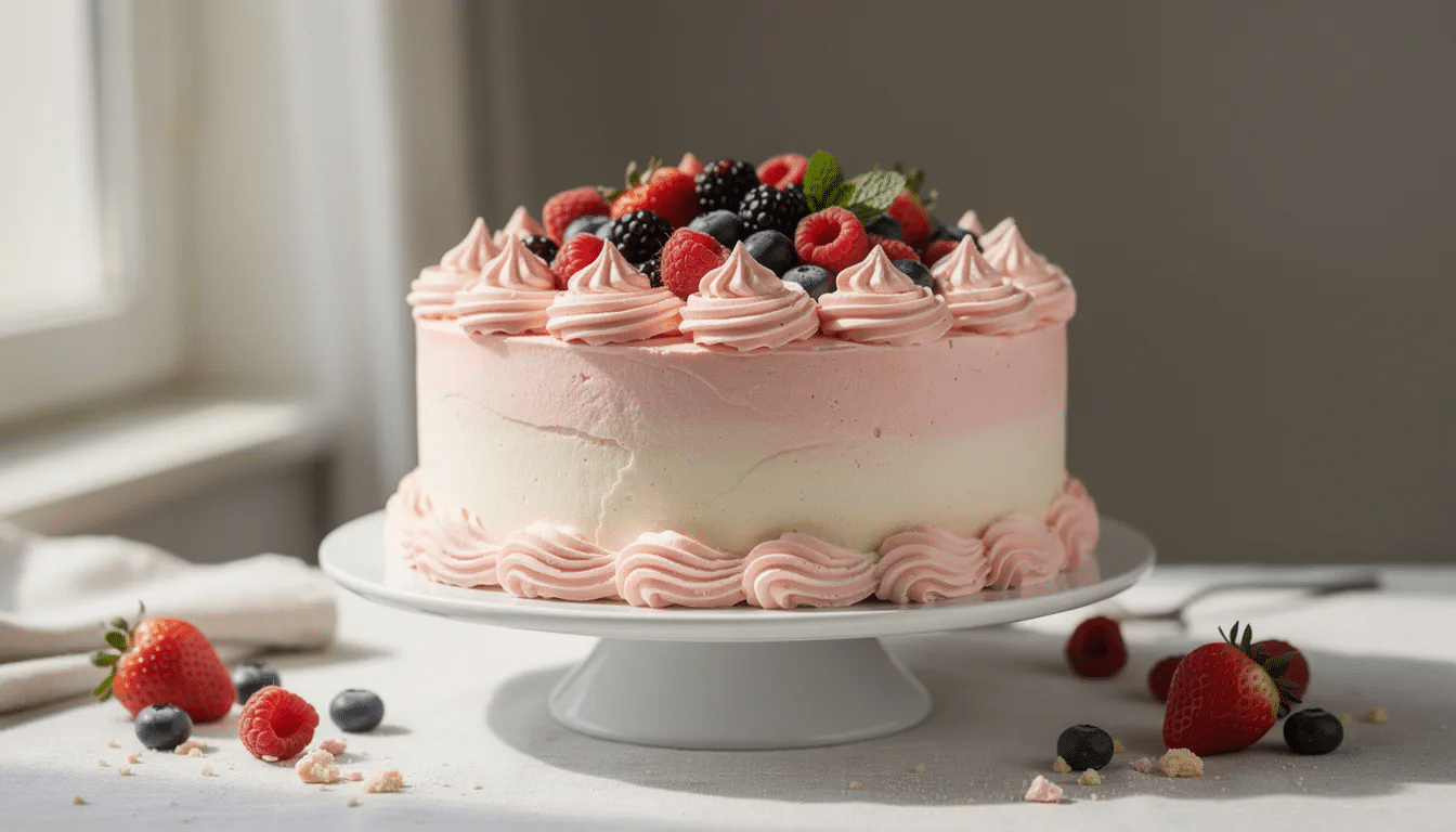 437cd1a9-2859-4735-9492-9ee02f3ec647 The image features a beautifully decorated round birthday cake topped with vibrant frosting and an assortment of fresh berries, showcasing a delightful variety of colors. This custom cake embodies the joy of celebrating life and is perfect for any special occasion at a bakery in Denver.