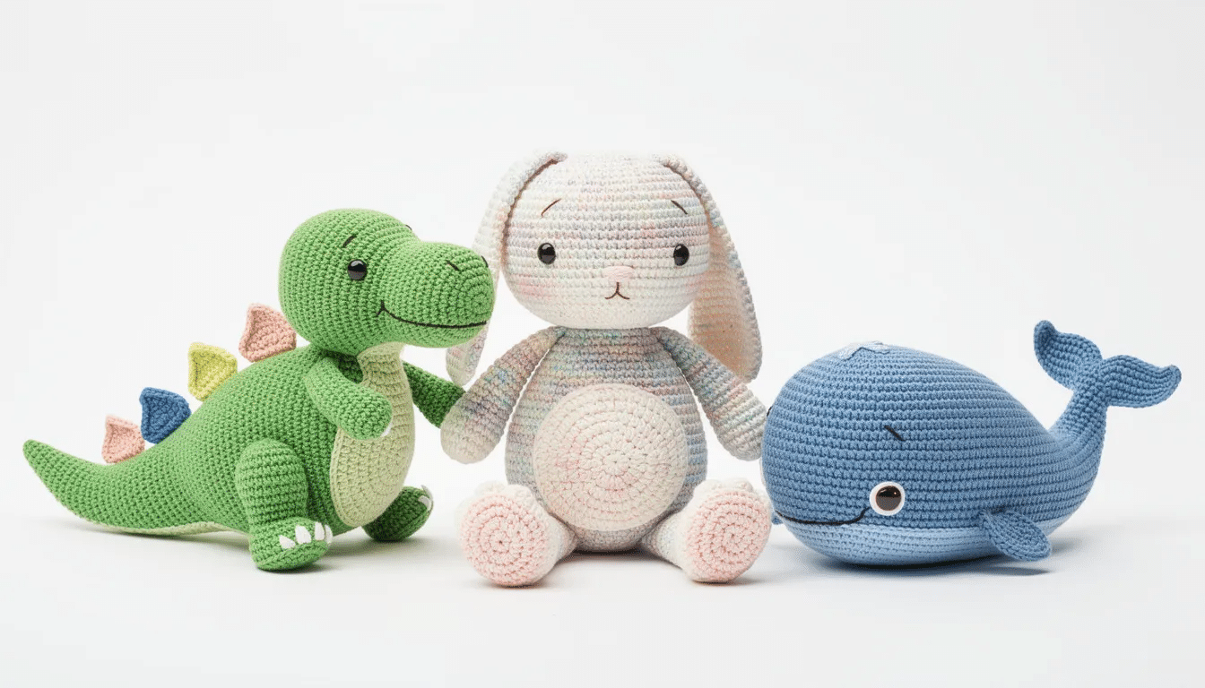 447e75d4-d046-4e2f-9585-93c47161ea4c A collection of colorful crocheted stuffed animals, including a bunny, dinosaur, and whale, is displayed on a white background, showcasing the fun and creativity of handmade gifts. These cute toys are perfect for easy crochet gift ideas and can inspire beginner-friendly crochet projects.