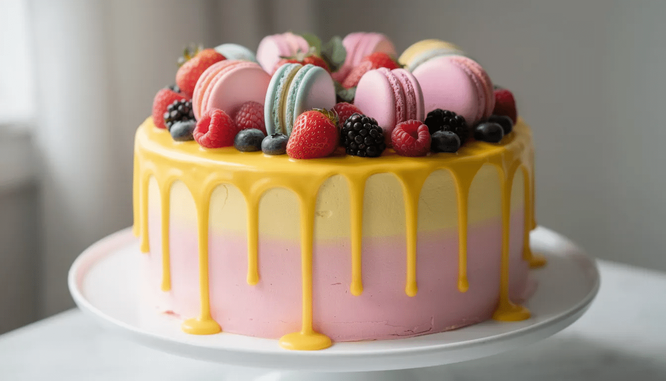 A close-up view of a vibrant pink and yellow drip cake, adorned with fresh berries and delicate macarons, showcases the rich and creamy layers that make it a perfect choice for special occasions. This premium cake, crafted with the finest ingredients, is designed to satisfy any sweet tooth and elevate celebrations.