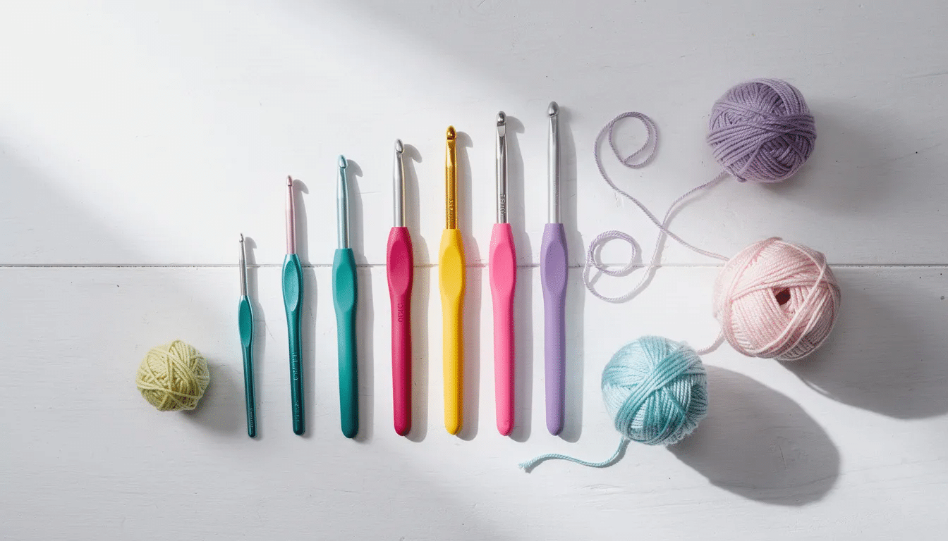 45d2041f-84bb-4fd9-8180-f5f213865756 A variety of colorful crochet hooks, including clover amour and tulip etimo hooks, are neatly arranged on a white wooden surface alongside small balls of cotton yarn, perfect for crocheting amigurumi with tight stitches. The hooks feature different sizes and materials, such as aluminum and wood, showcasing their smooth heads and comfortable rubber handles for a better grip.