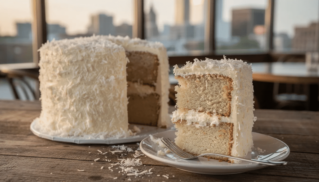 A beautifully displayed coconut cake from CEG Bakery in Atlanta features layers of moist cake with creamy icing, perfectly balanced in flavor. Locals often describe it as the best coconut cake, making it a must-try dessert for anyone visiting the area.