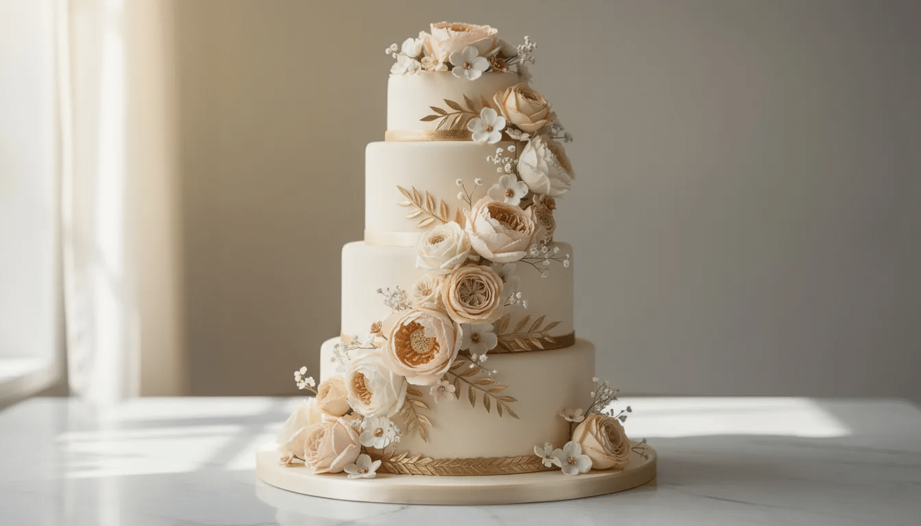 An elegant three-tier wedding cake adorned with cascading sugar flowers and gold accents rests on a marble surface, perfect for a celebration in the Bay Area. This custom cake design showcases a blend of beauty and sweetness, making it an ideal dessert for any special occasion.