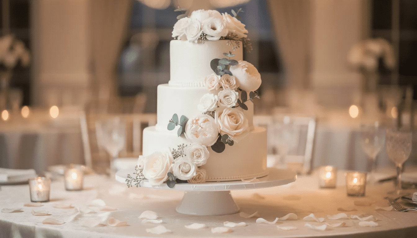 An elegant three-tier wedding cake, adorned with cascading flowers, sits gracefully on a decorated table. This beautiful tiered cake, featuring delicate icing and floral accents, is a stunning centerpiece for any wedding celebration.