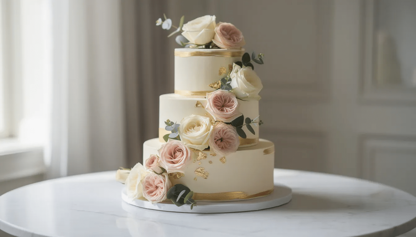 48ab363a-058f-493e-8967-888fa7aa5c57 An elegant three-tier custom cake adorned with fresh roses and shimmering gold accents is displayed on a marble table, creating a stunning centerpiece for any special occasion. The cake's intricate design and luxurious details make it a perfect choice for celebrating a memorable day.