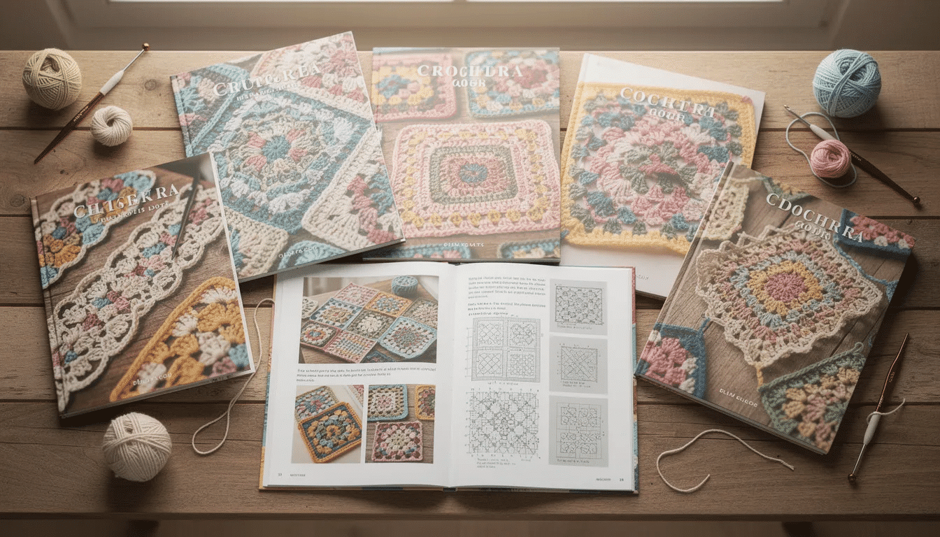4b40900d-599c-4a27-a770-bcb3cb39dde1 The image features a collection of crochet motif books displayed on a shelf, showcasing various beautiful patterns and step-by-step instructions for creating projects like wall hangings and floral designs. Each book is filled with written instructions and charts, making it perfect for beginners and seasoned crocheters alike, offering inspiration for their next finished project.