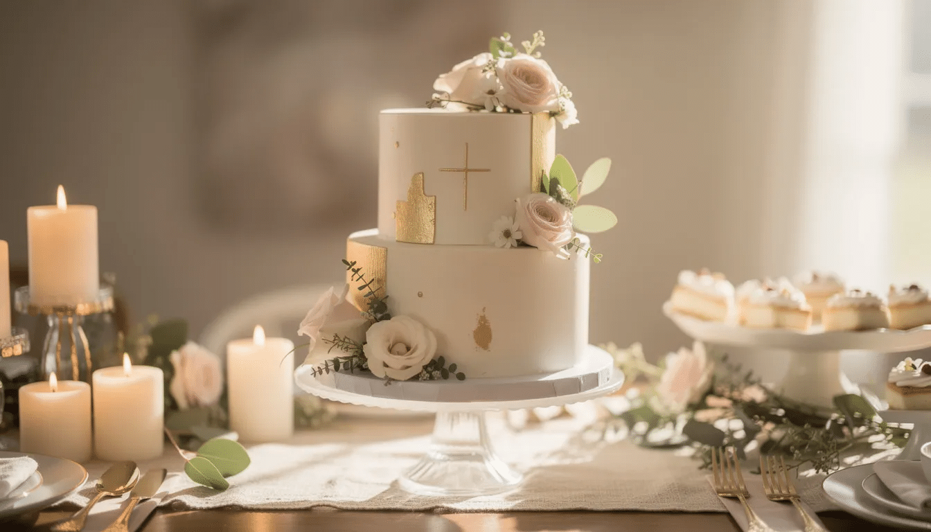 The image features a beautifully designed two-tier cake, showcasing a round cake on top of a larger base layer, ideal for medium events like bridal showers and milestone birthdays. The elegant cake is adorned with delicate frosting and decorations, making it a stunning centerpiece that serves approximately 50 guests.