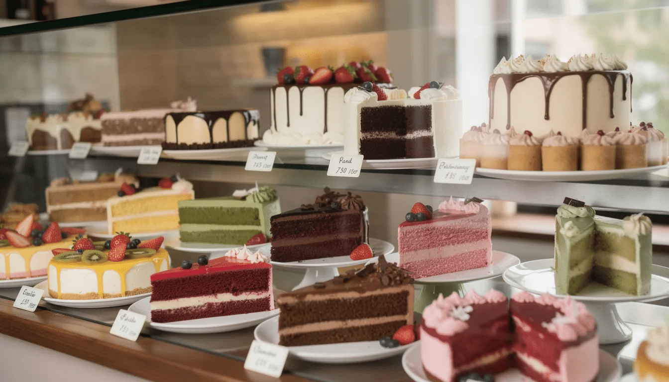 The image showcases a bakery display case filled with an array of colorful cake slices and whole cakes, featuring enticing options like red velvet with cream cheese frosting, chocolate cake, and layers topped with whipped cream and fresh strawberries. This vibrant selection from a cake shop in Seattle is perfect for celebrating everyday moments or special occasions.