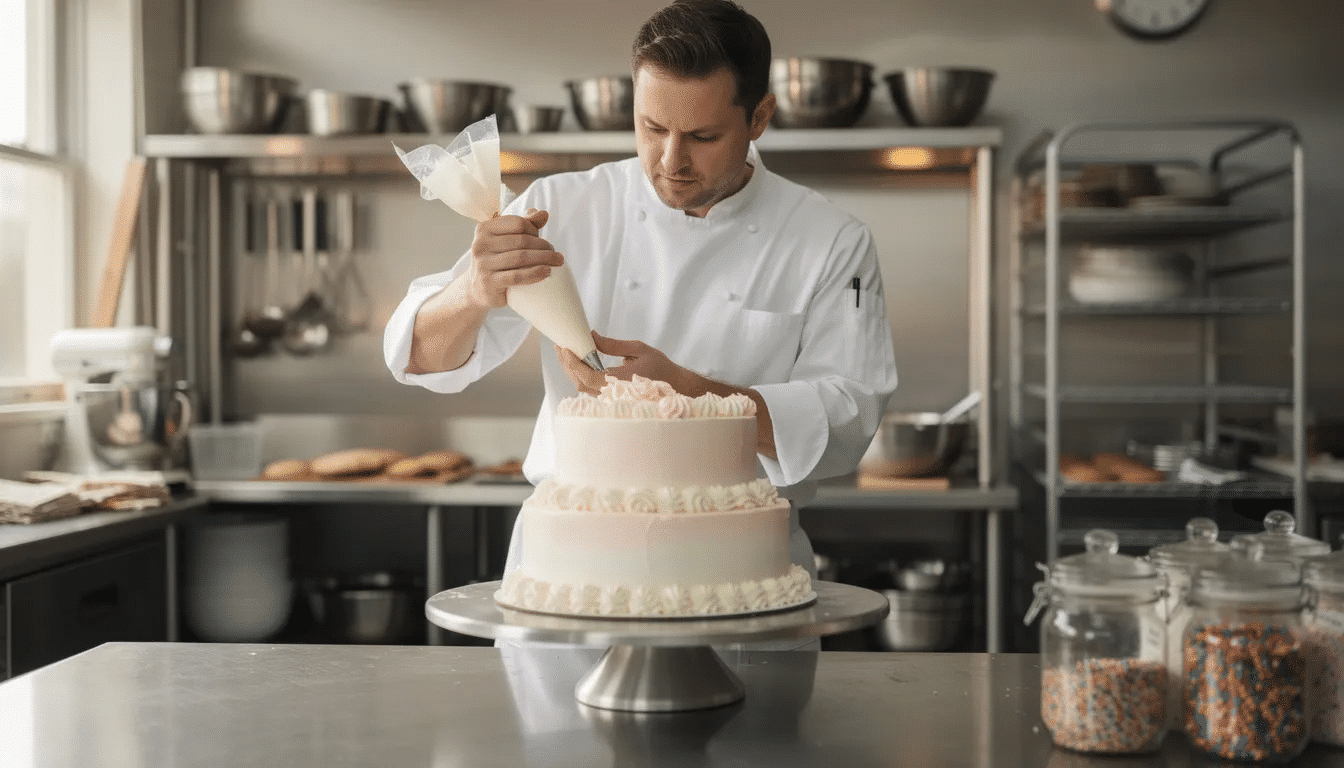 A professional baker is skillfully piping fluffy buttercream frosting onto a beautifully decorated tiered birthday cake in a bustling bakery kitchen, showcasing the intricate details of the cake layers and the artistry of food styling. The scene captures the essence of celebration and the delicious recipes that go into creating a gourmet birthday cake.